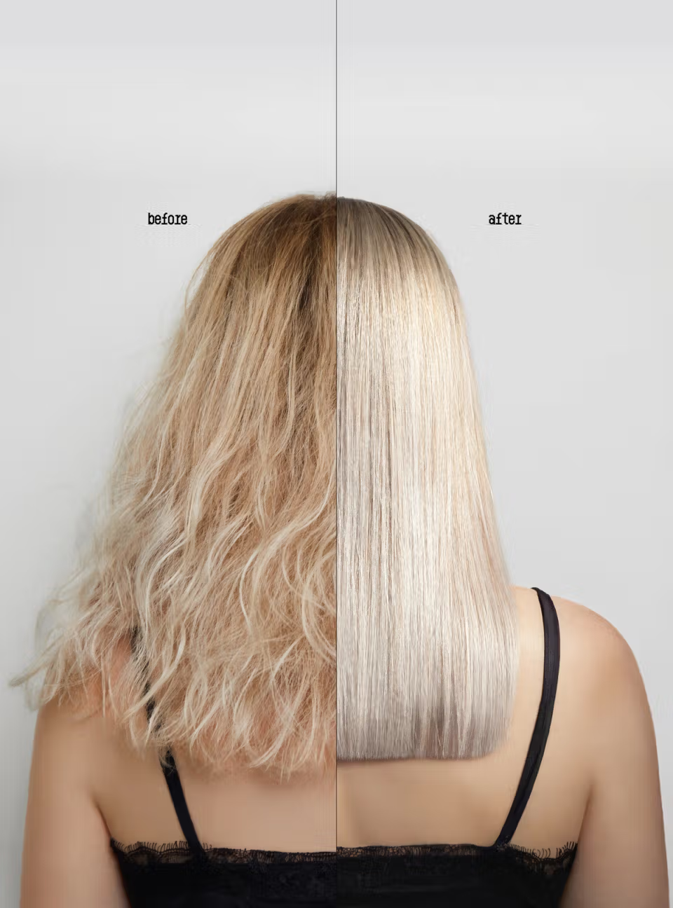 Before-and-after example showing blonde hair before smoothing and with a smoother finish
